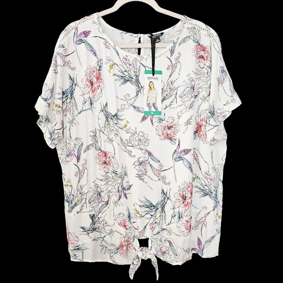Buffalo David Bitton  White and Floral Print Short Sleeve Blouse - Picture 1 of 3